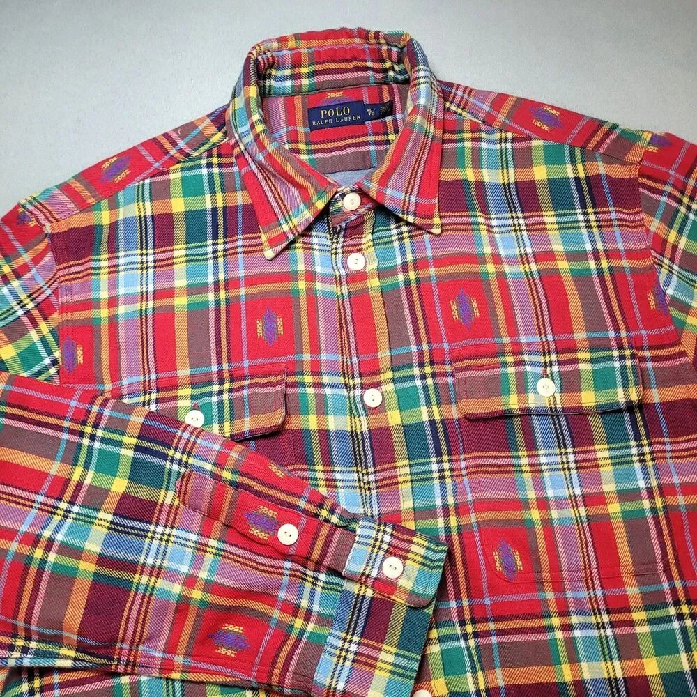 Polo Ralph Lauren Shirt Mens XL Multi Plaid Button Down Flannel Madras Navajo